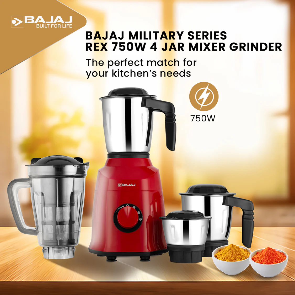 Bajaj Military Series REX 750 4 Jar Mixer Grinder - Image 2