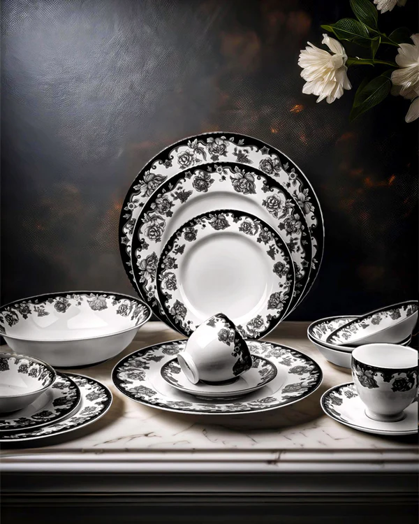Black Rose with Platinum Lining - 32 Pcs Dinner Set